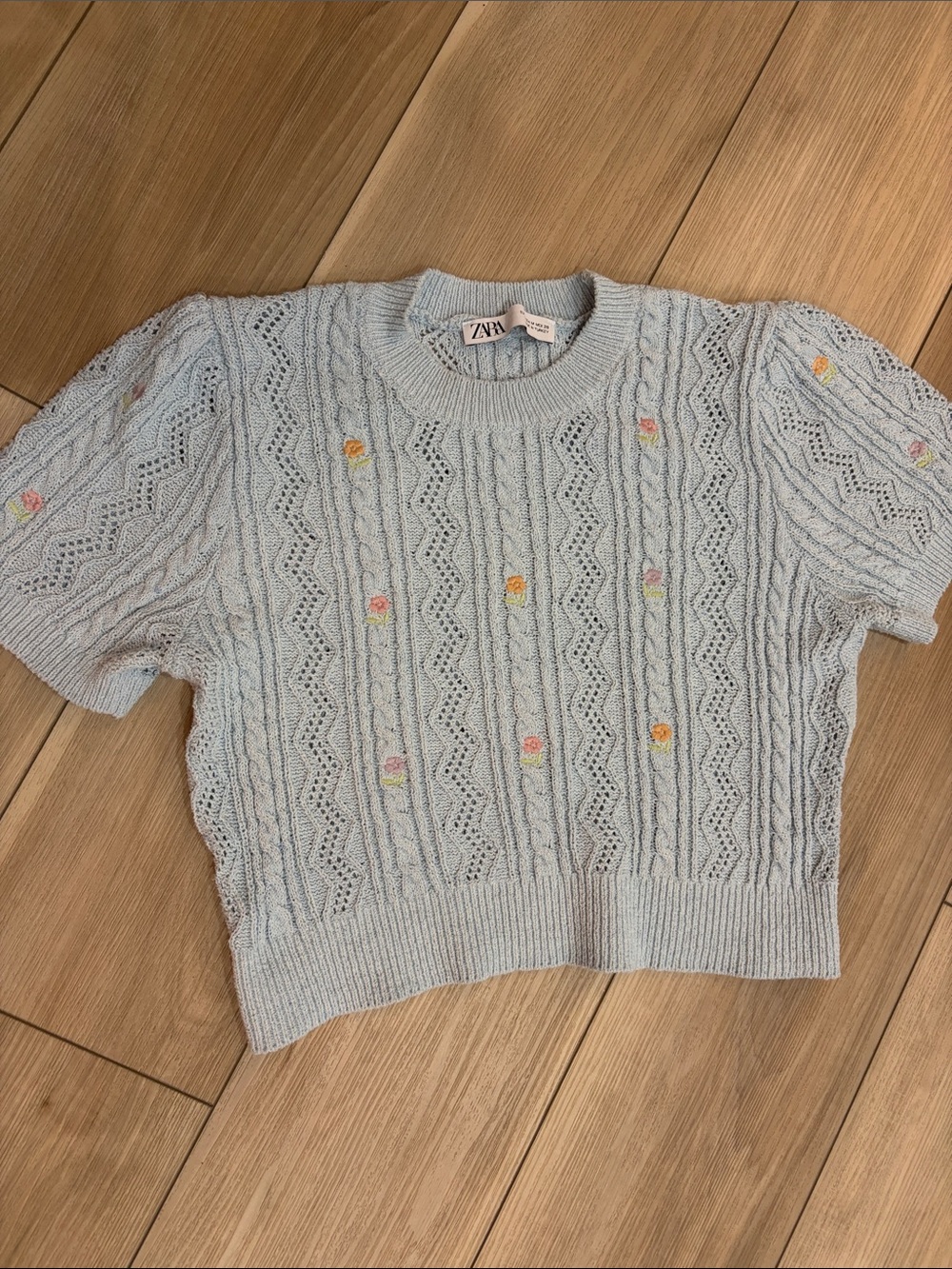 Zara Pale Blue Cropped Cable Knit Sweater with Pastel Floral Dots